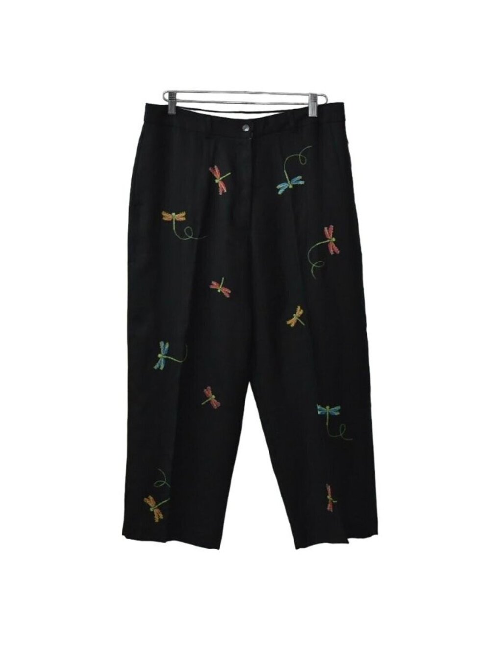 Jillian Jones Linen Capri Pants Womens 14 Dragonfly Embroidery Black